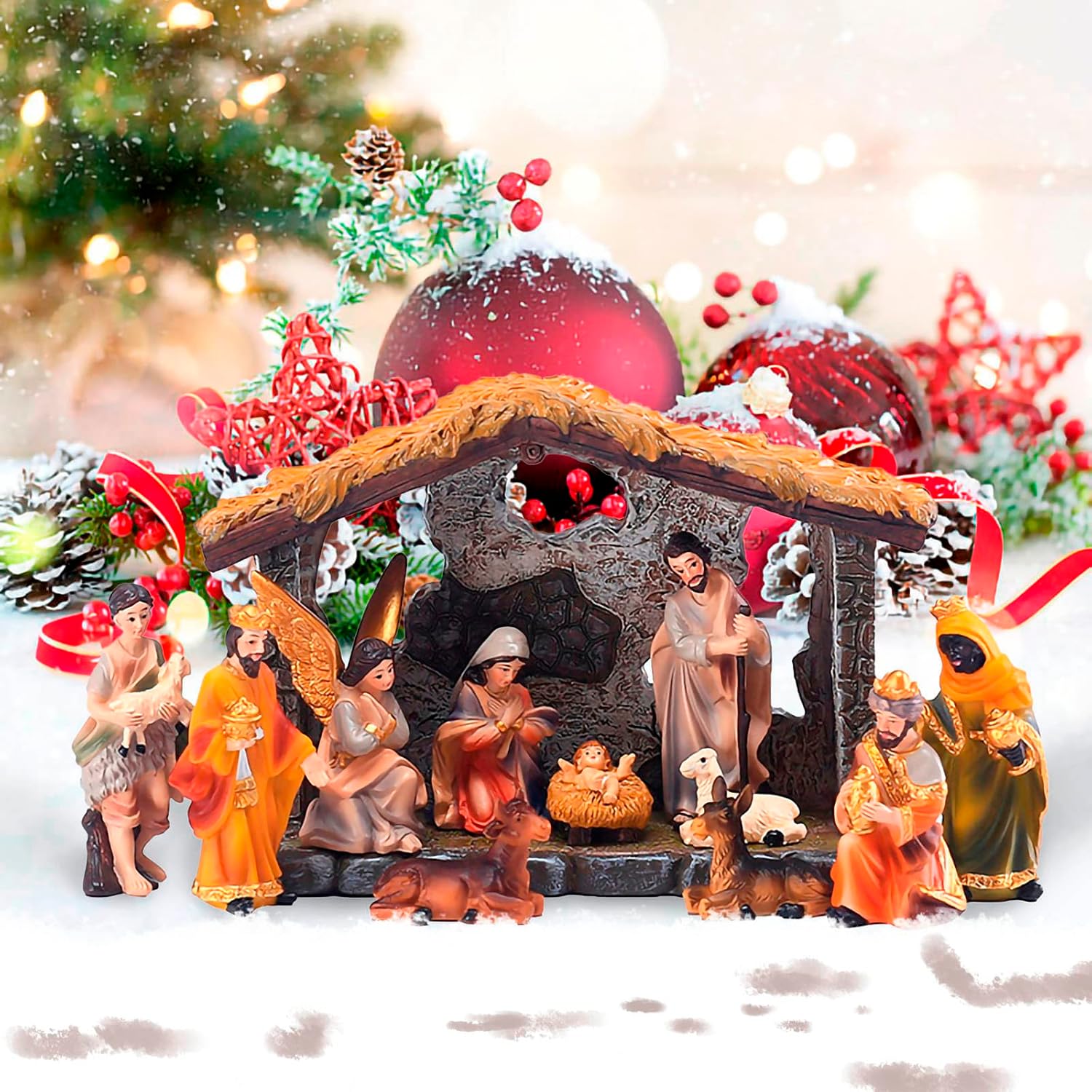Adornos de grupo de pesebre de Navidad, juego de nacimiento de Jesús para interiores, 12 piezas, estatuas de belén de aldea de Navidad de resina,