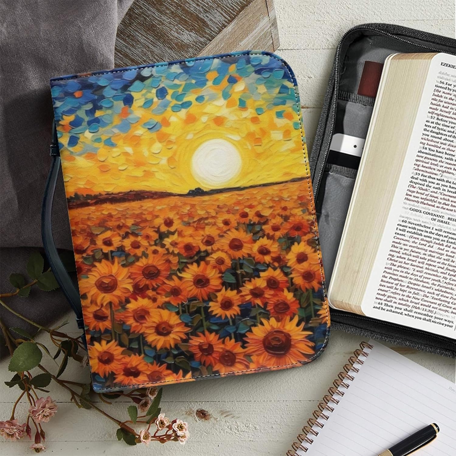 ZOCANIA Funda para la Biblia floral con asa y cremallera para mujer, funda de cuero impermeable para la Biblia, funda extragrande para libros de la