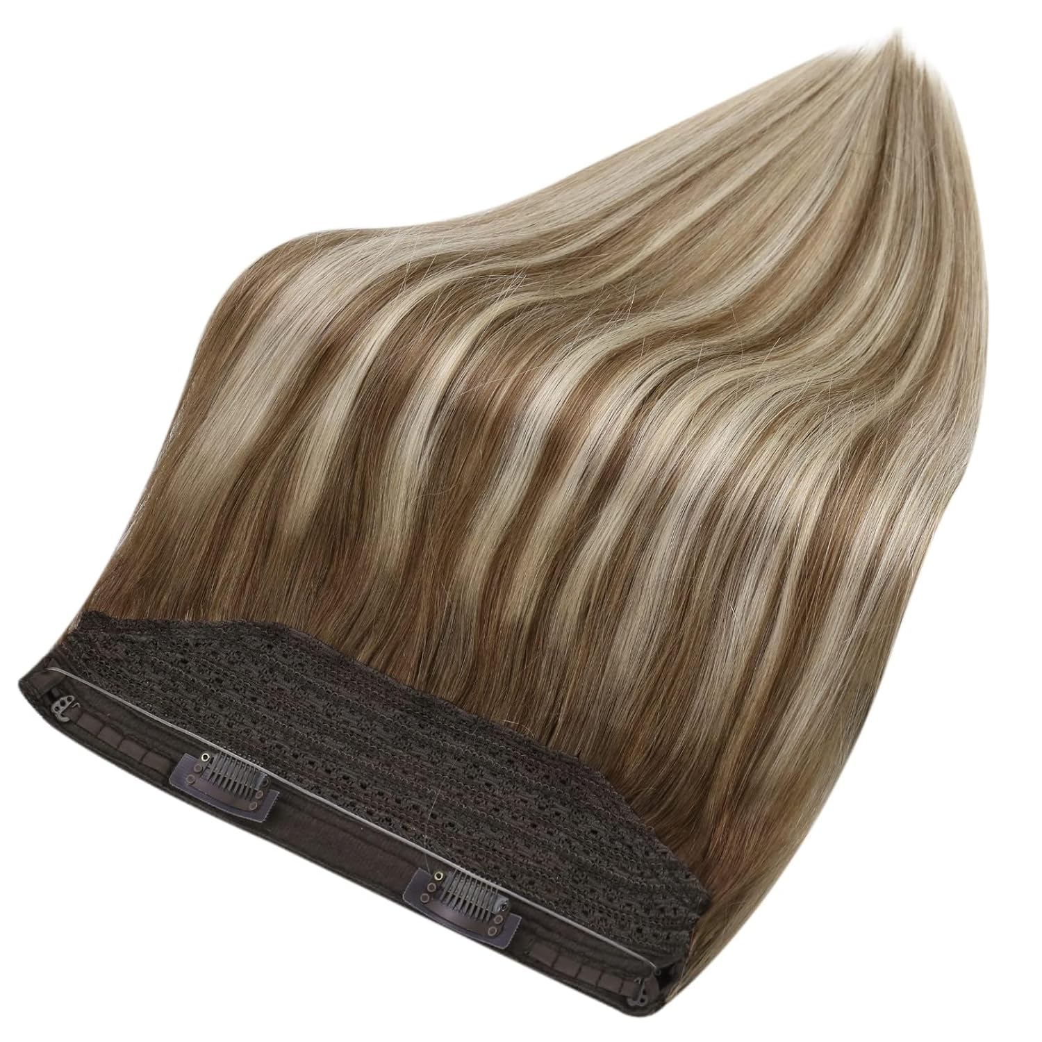 Fshine – Extensiones de cabello humano con alambre invisible, castaño degradado #6606, con hilo de nailon, 20 pulgadas, castaño a rubio platino,