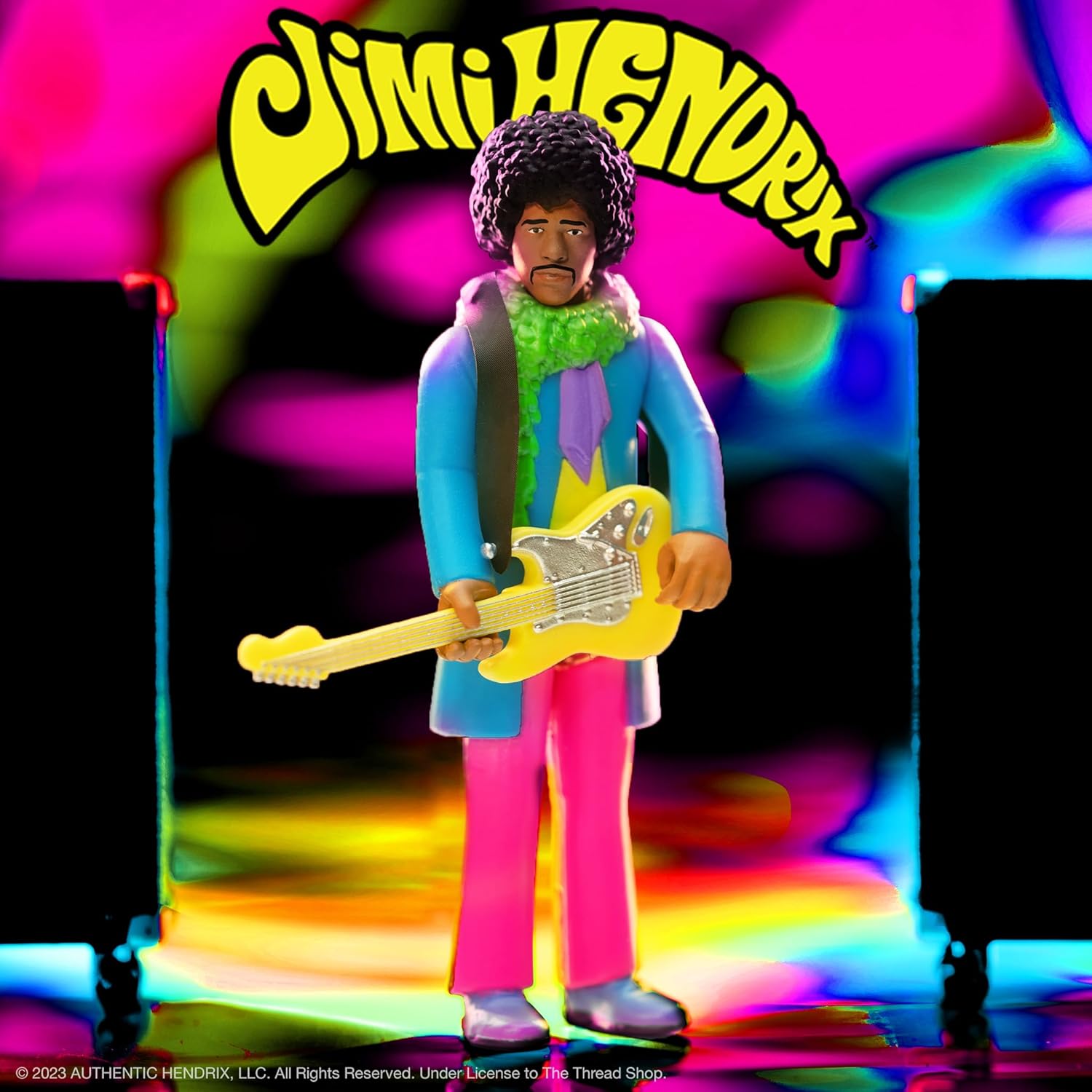 Super7 Jimi Hendrix Blacklight (Are You Experienced) – Figura de acción de Jimi Hendrix de 3.75 pulgadas con accesorio, coleccionables de rock
