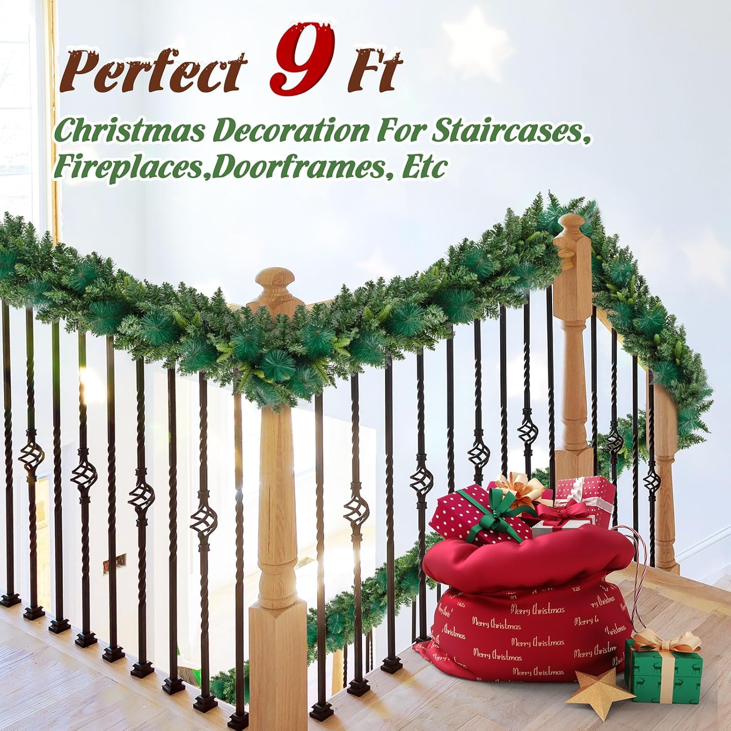 Jin&Bao Guirnalda de Navidad de 9 pies con luces, 100 luces LED, guirnalda de pino verde preiluminada, decoraciones de Navidad con temporizador, 8