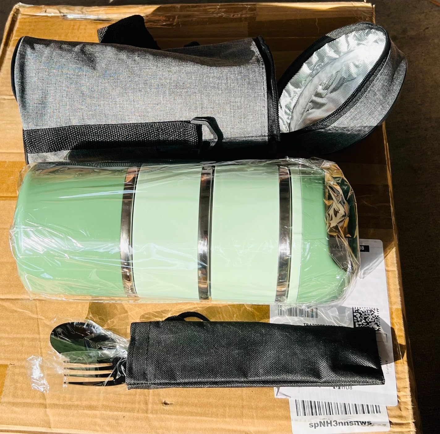 Lonchera de 3 niveles, 43 onzas, color verde, apilable, de acero inoxidable, con bolsa de almuerzo y juego de cubiertos, lonchera portátil, para