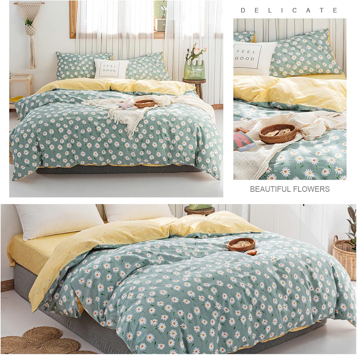 HighBuy Juego de funda de edredón floral verde salvia, tamaño individual, de algodón suave, estampado floral de margaritas en verde, funda de