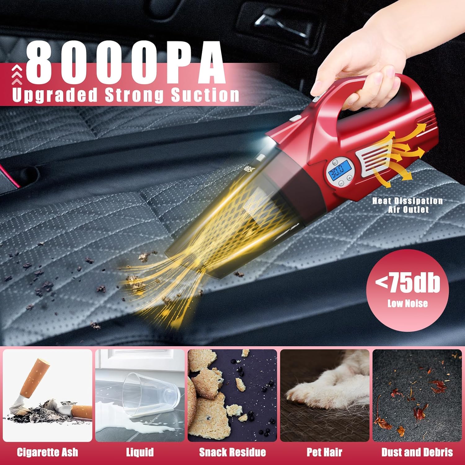 VARSK Aspiradora de coche portátil para neumáticos, 4 en 1 aspiradora de mano de alta potencia y compresor de aire con luz LED y medidor digital de