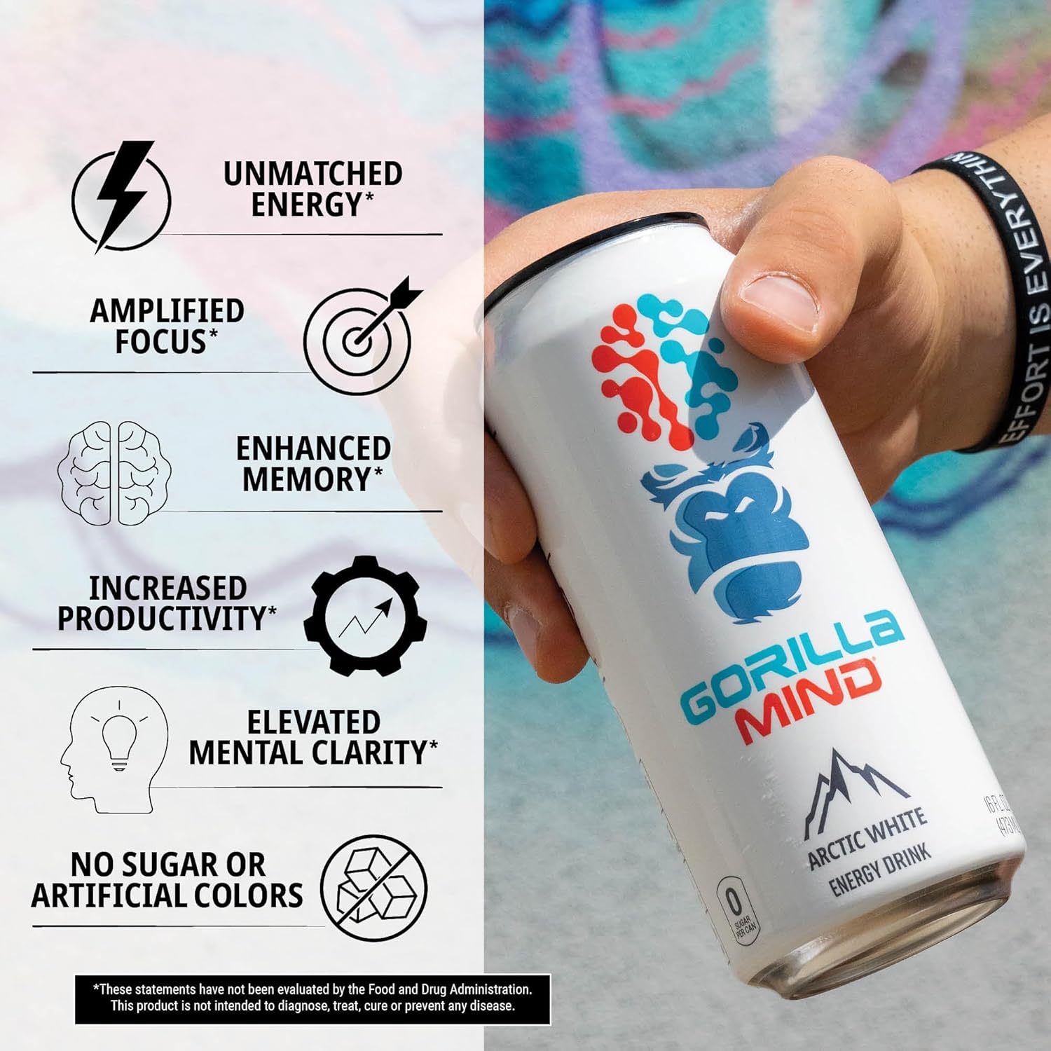 Gorilla Mind Bebida energética  Energía inigualable  Enfoque amplificado  N-acetil-L-tirosina, alfa-GPC, 200 mg de cafeína, uridina, azafrán  0
