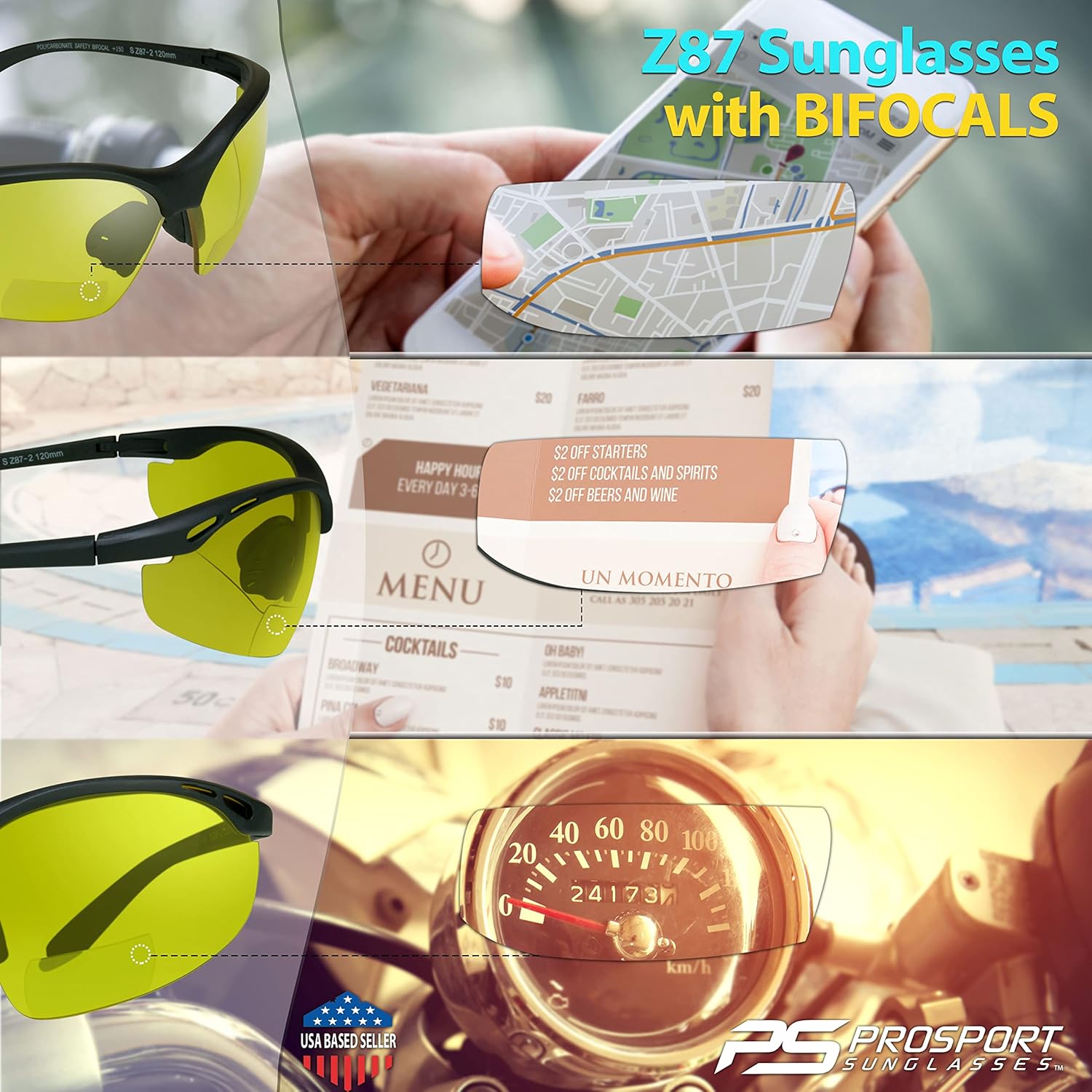 proSPORT Lentes de sol bifocales Lector de seguridad Z87 Wrap Around No Slip Grip +1.50 +2.00 +2.50 +3.00