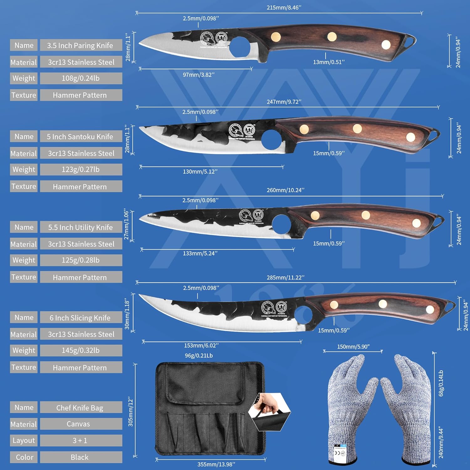 XYJ Juego de cuchillos de cocina profesional con cuchillas forjadas de acero de alto carbono, cuchillo de chef, cuchilla, cuchillo de tallar,