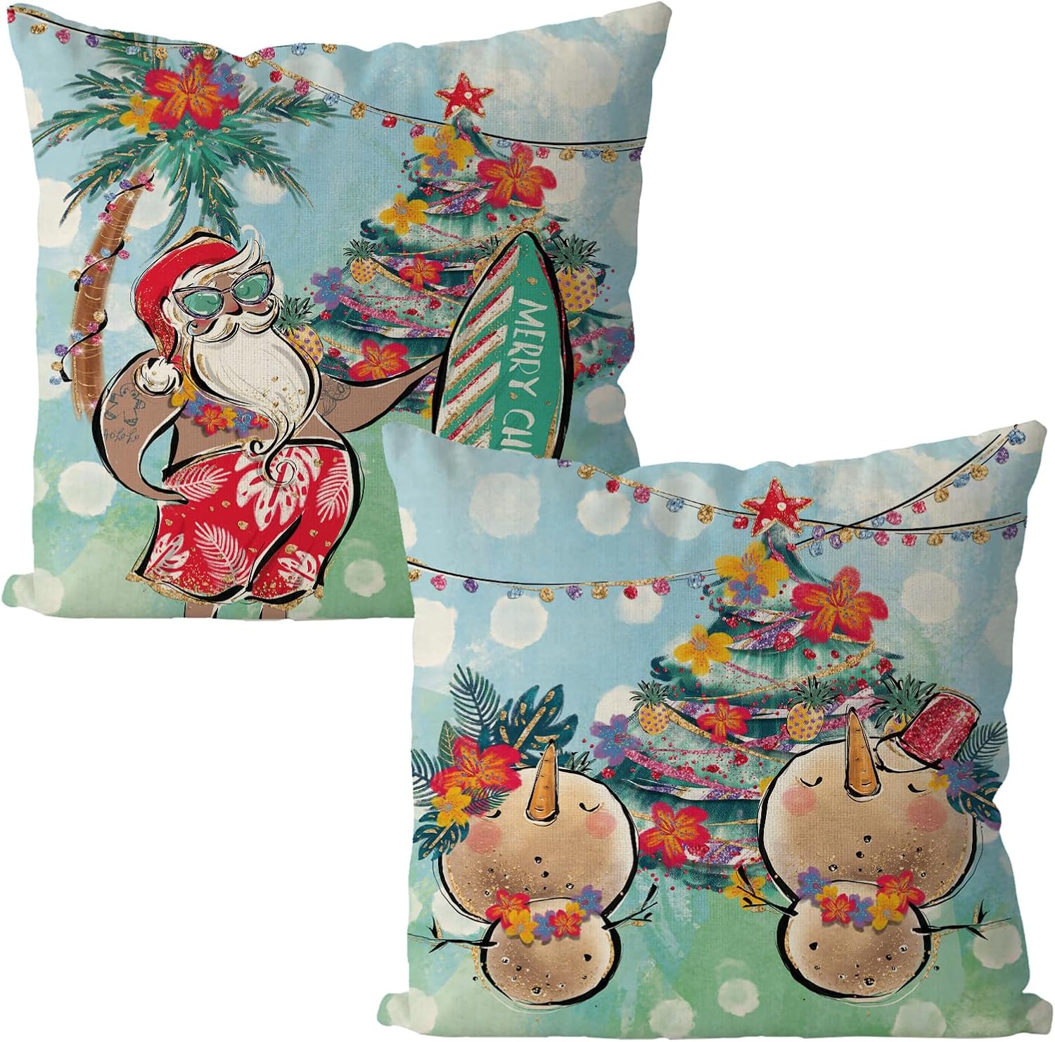 GAGEC Juego de 2 fundas de almohada navideñas de 18 x 18 pulgadas, fundas de almohada de Papá Noel costero, muñeco de nieve, fundas de almohada de