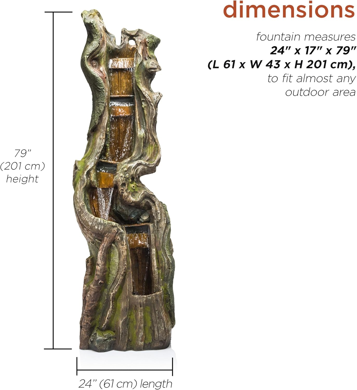 Alpine Corporation TVH156 – Fuente de agua para tronco de árbol en cascada con luces LED, cascada con luces, 79 pulgadas, marrón