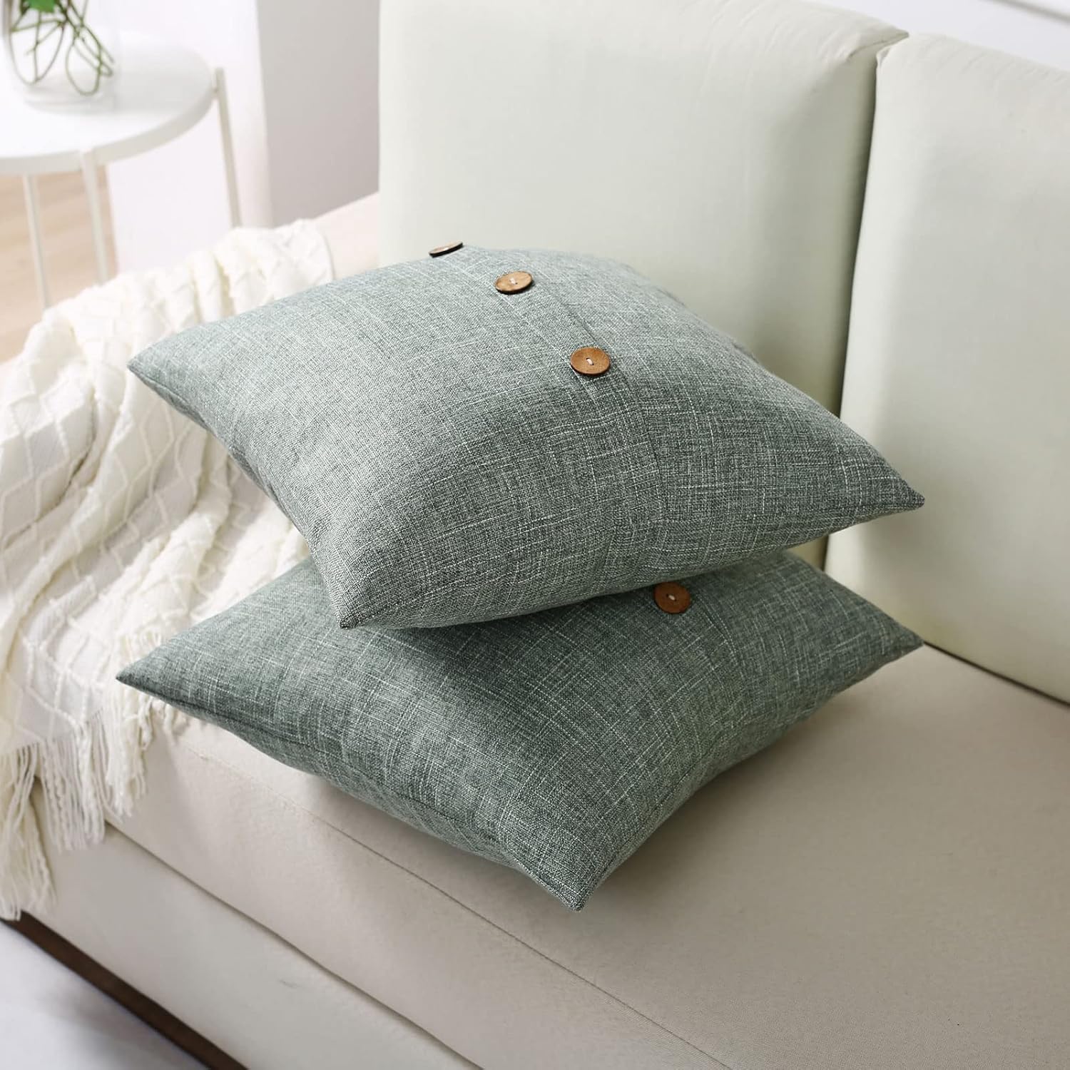 Juego de 2 fundas de almohada decorativas de lino verde salvia de 16 x 16 pulgadas, fundas cuadradas con 3 botones vintagecremallera oculta,