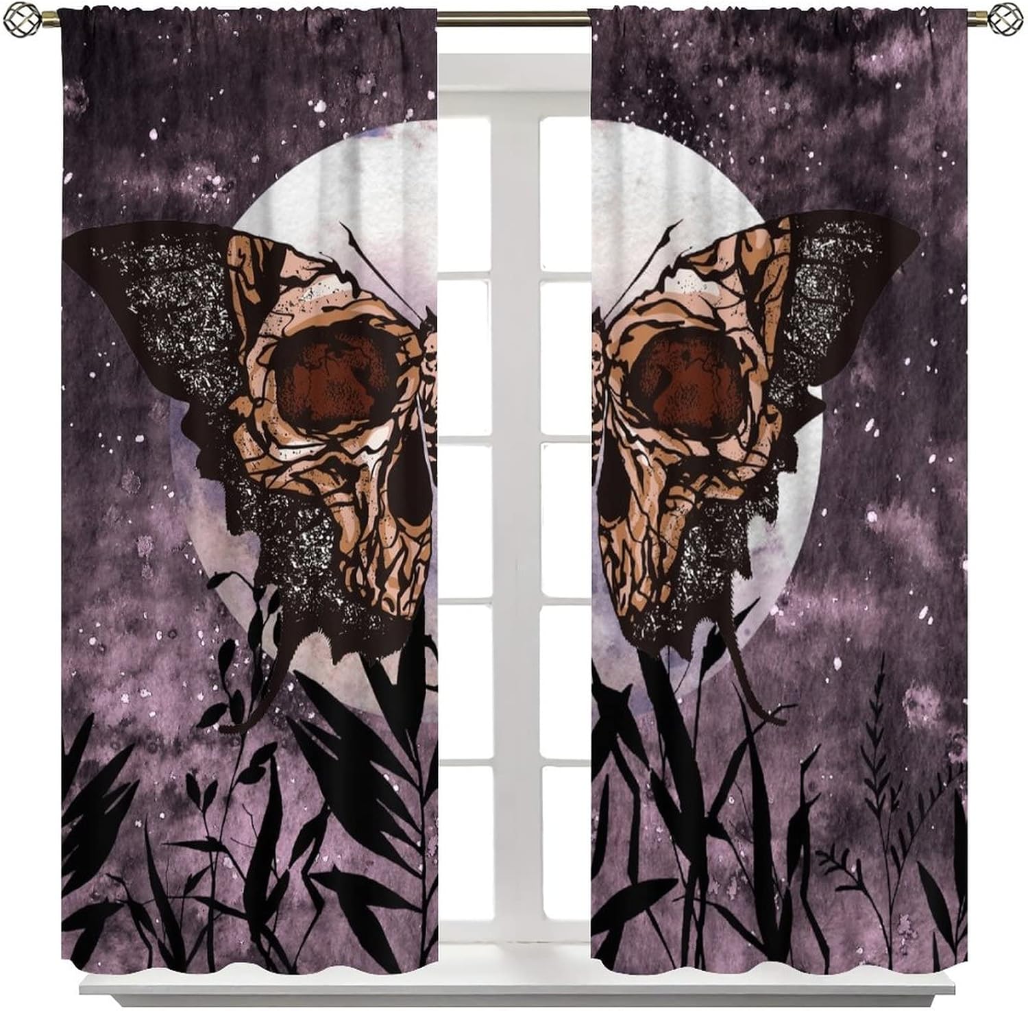 Cortinas de polilla de la muerte, cortinas bohemias góticas de calavera, fantástica decoración de fondo de luna llena, plantas estrelladas moradas,