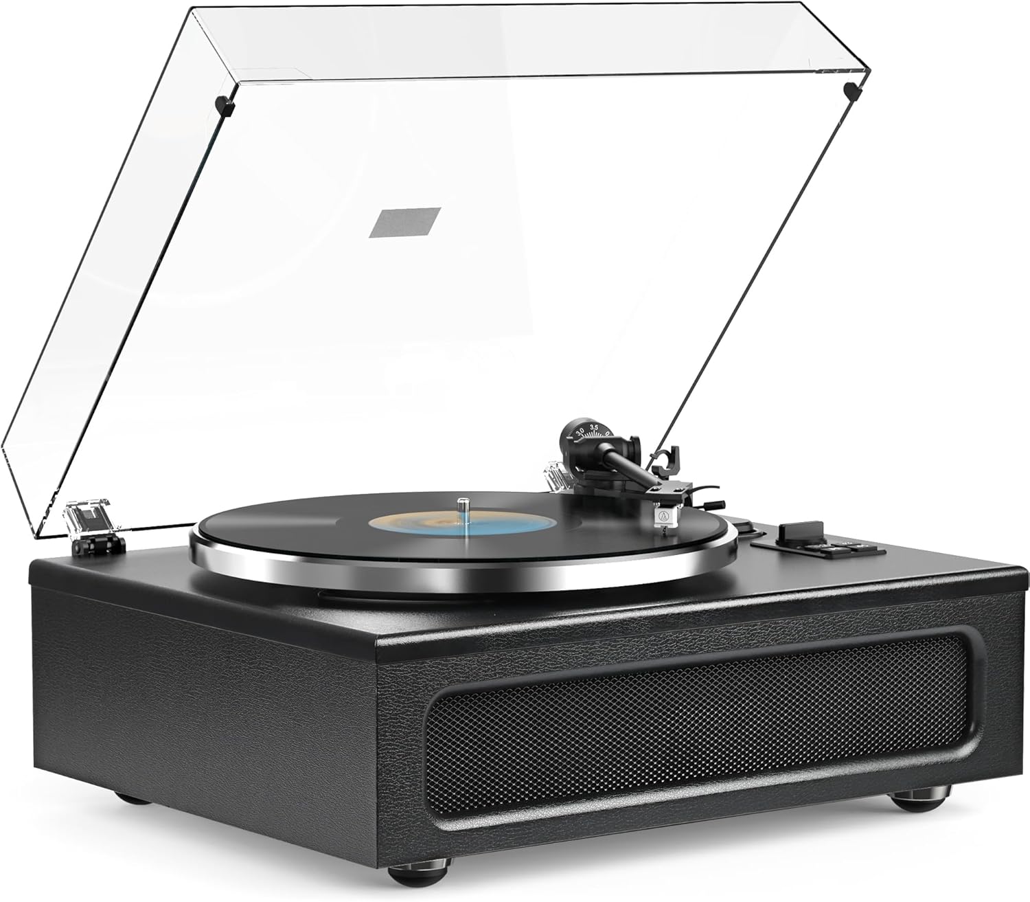 Tocadiscos todo en uno de alta fidelidad con transmisión por correa para discos de vinilo incorporados, 2 altavoces estéreo de agudos y 2 bajos,