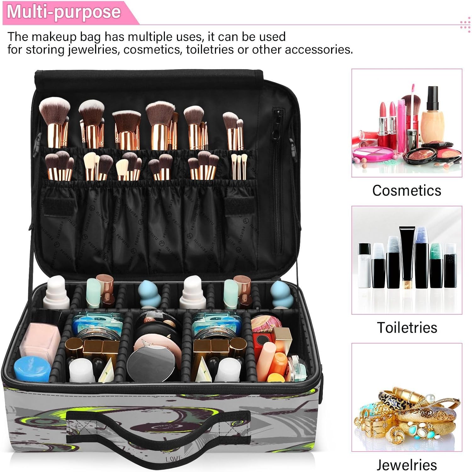 Zathe Love Music Fun – Bolsa de cosméticos de viaje portátil de los años 80, bolsa de maquillaje de viaje, bolsa de almacenamiento de maquillaje,