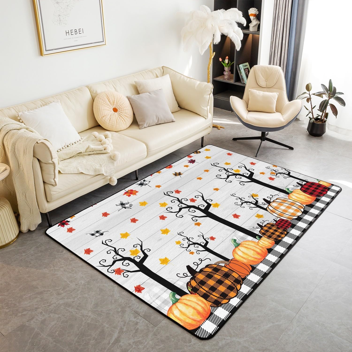 Alfombra de cosecha de calabaza de otoño, 3 x 5, alfombra a cuadros negros y blancos para niños, Halloween, hojas de arce, alfombra lavable con