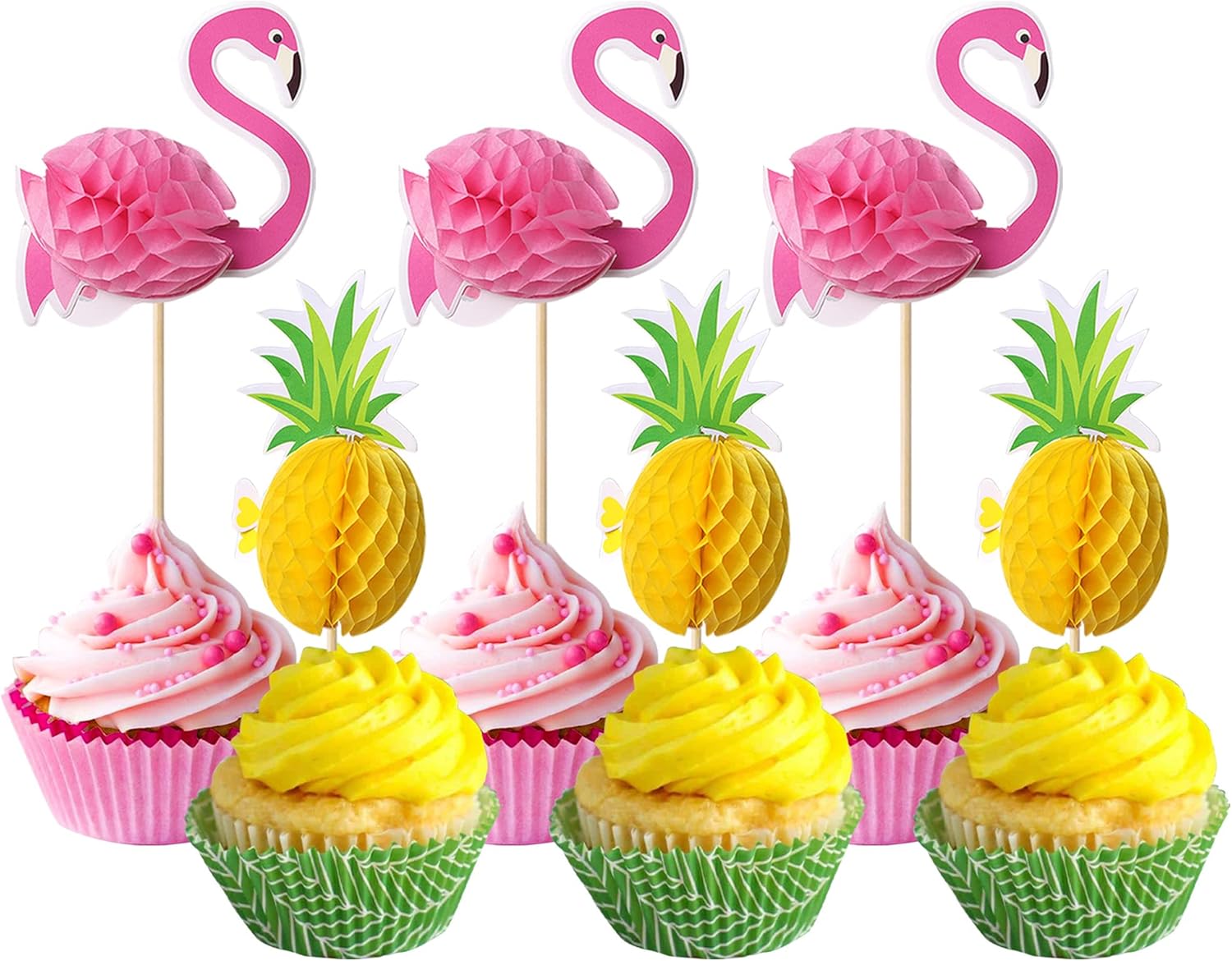 48 piezas 3D de flamenco para cupcakes para cóctel, tropical, Aloha Luau, piña, verano, hawaiano, playa, cupcakes, decoración para baby shower,
