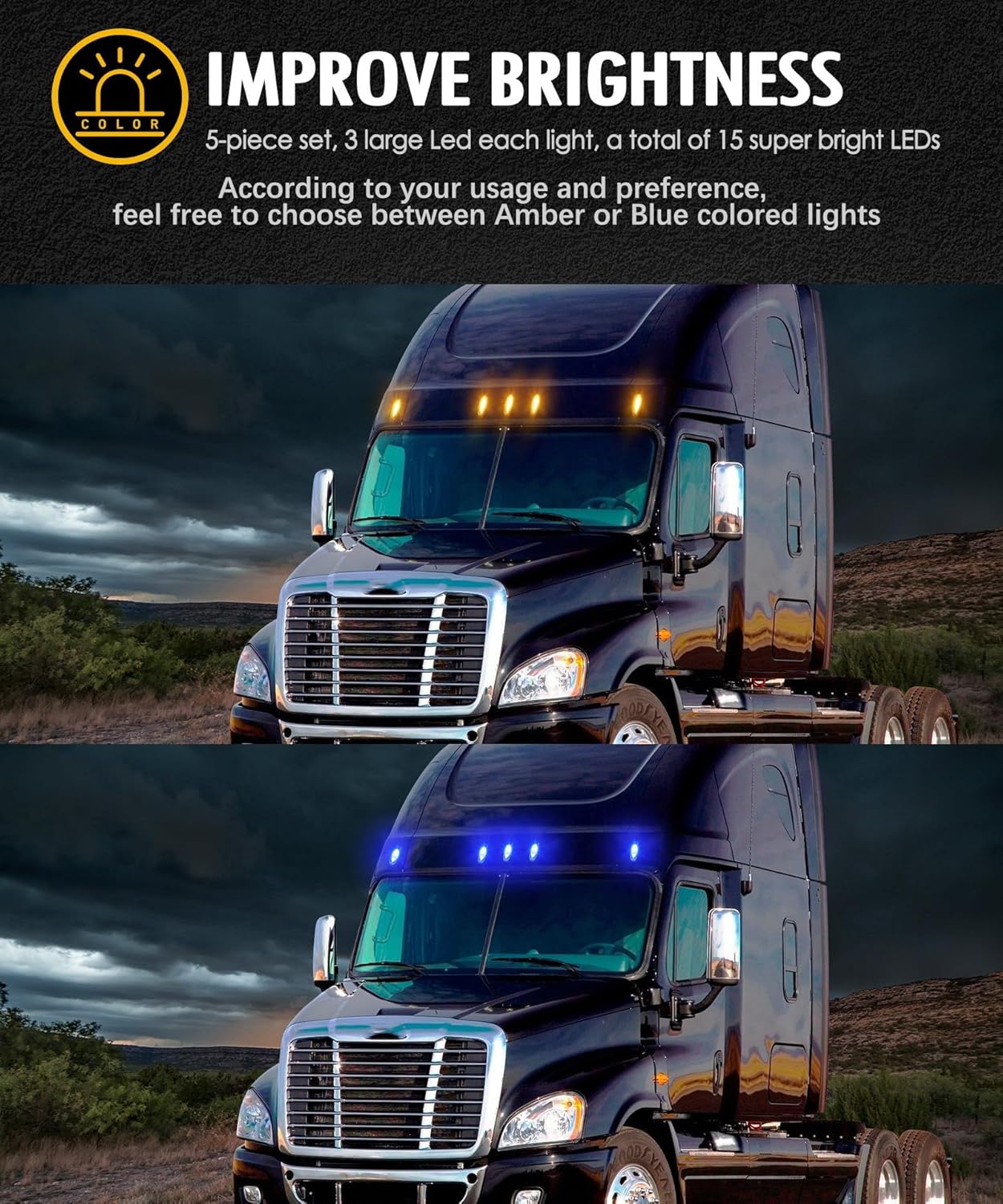 Partsam Luz de cabina, 5 piezas de luz LED transparente de doble color para techo de correr, repuesto para Freightliner Cascadia luces de