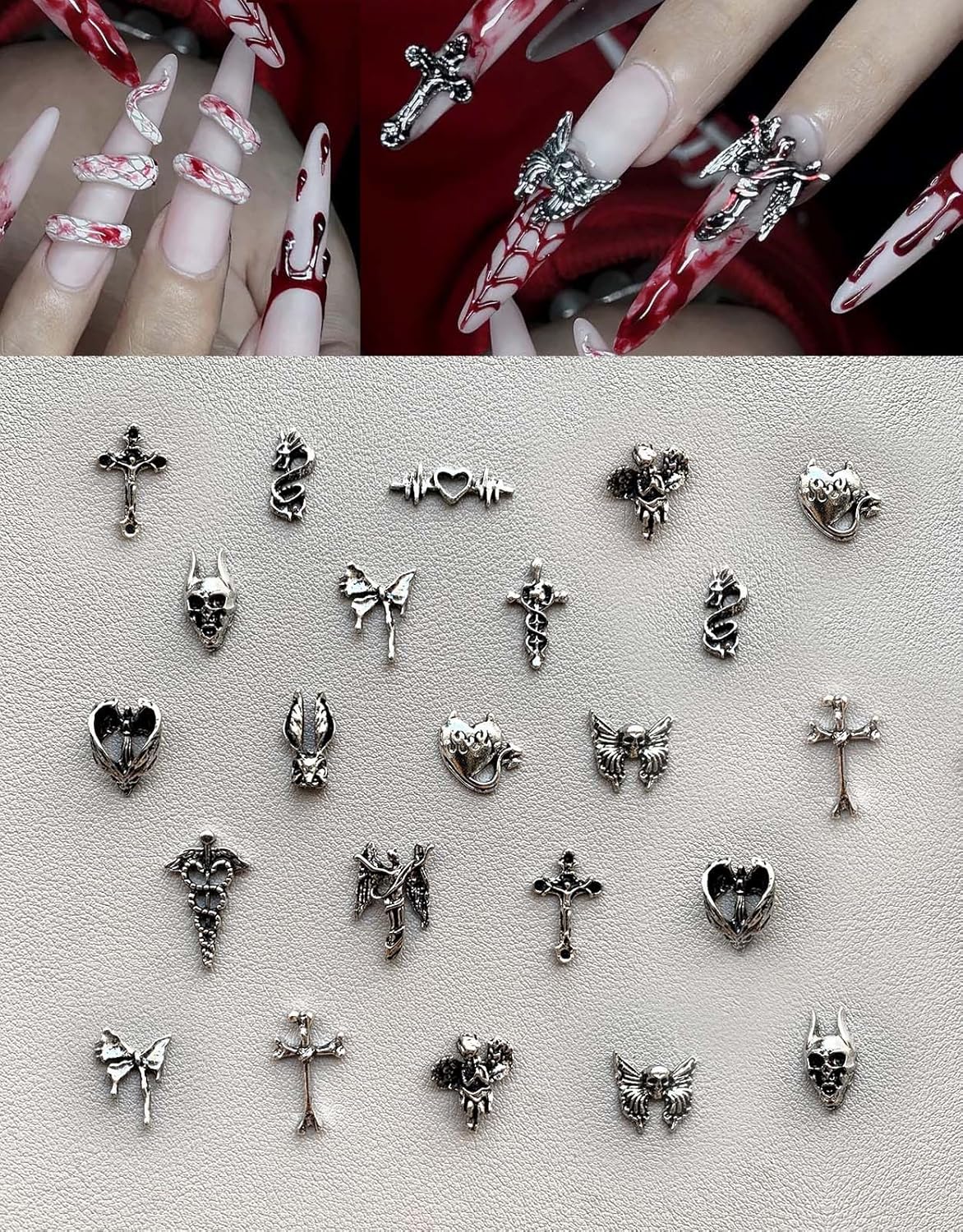 130 dijes de uñas de metal plateado 3D Y2K para uñas cromadas y accesorios de pulsera punk, aleación vintage, mariposa, cruz, corazón, cráneo,