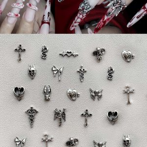 130 dijes de uñas de metal plateado 3D Y2K para uñas cromadas y accesorios de pulsera punk, aleación vintage, mariposa, cruz, corazón, cráneo, 130 dijes de uñas de metal plateado 3D Y2K para uñas cromadas y accesorios de pulsera punk, aleación vintage, mariposa, cruz, corazón, cráneo,