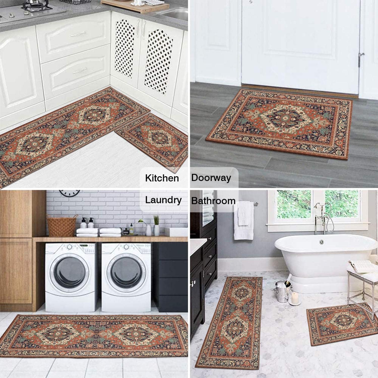 Juego de 2 alfombras persas de cocina, antideslizantes, lavables, para medallón oriental, bohemio, tapetes de cocina para piso, decoración retro