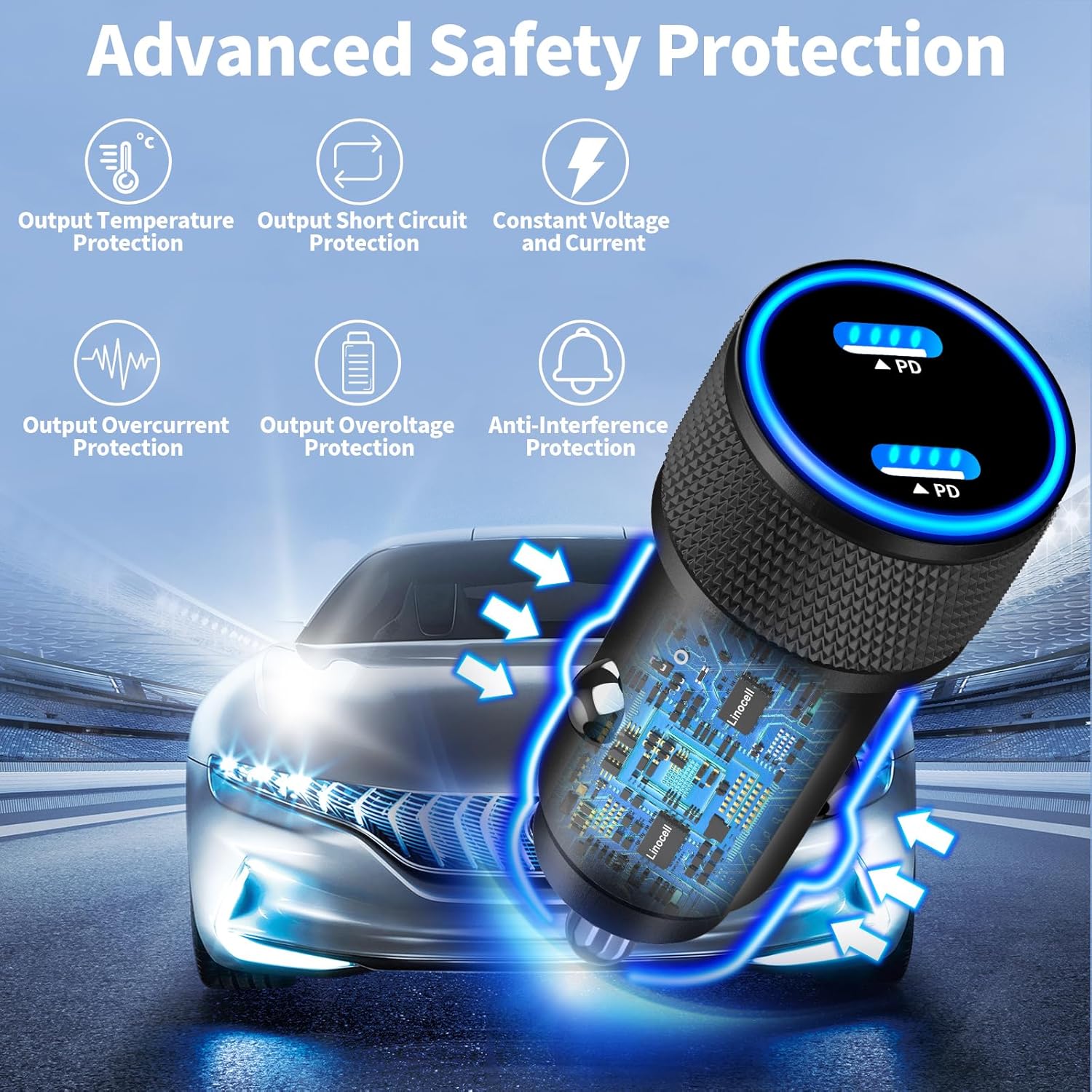 MFi CertifiediPhone 15 Car Charger Fast Charging, Linocell 72W Dual PD Power Cigarette Lighter USB-C Car Charger+2Pack Type-C to Type-C Braided