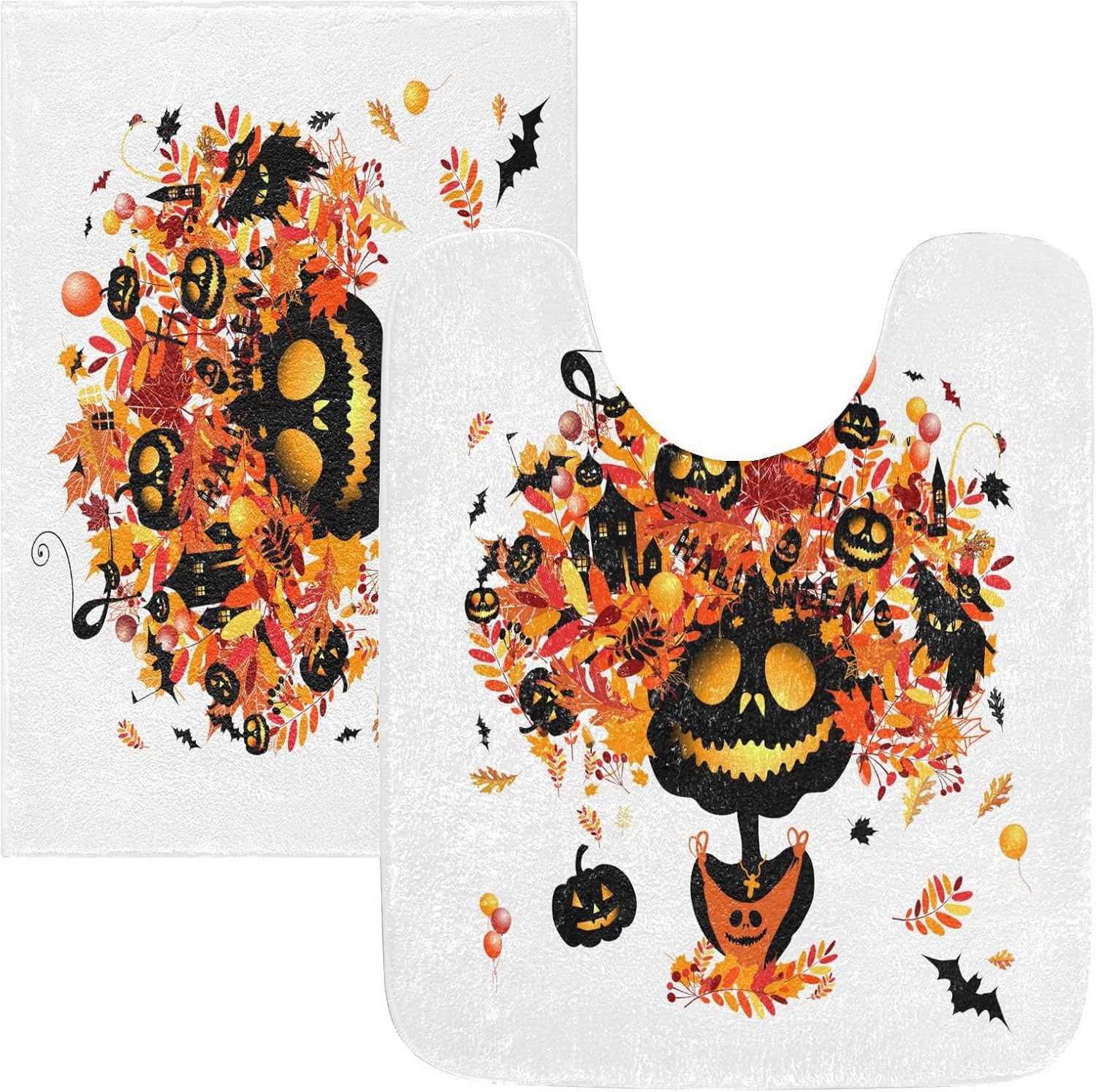 Juego de 2 alfombras de baño de calabaza y fantasma, antideslizantes, absorbentes de agua, alfombra de baño de arce rojo, alfombra de baño lavable,