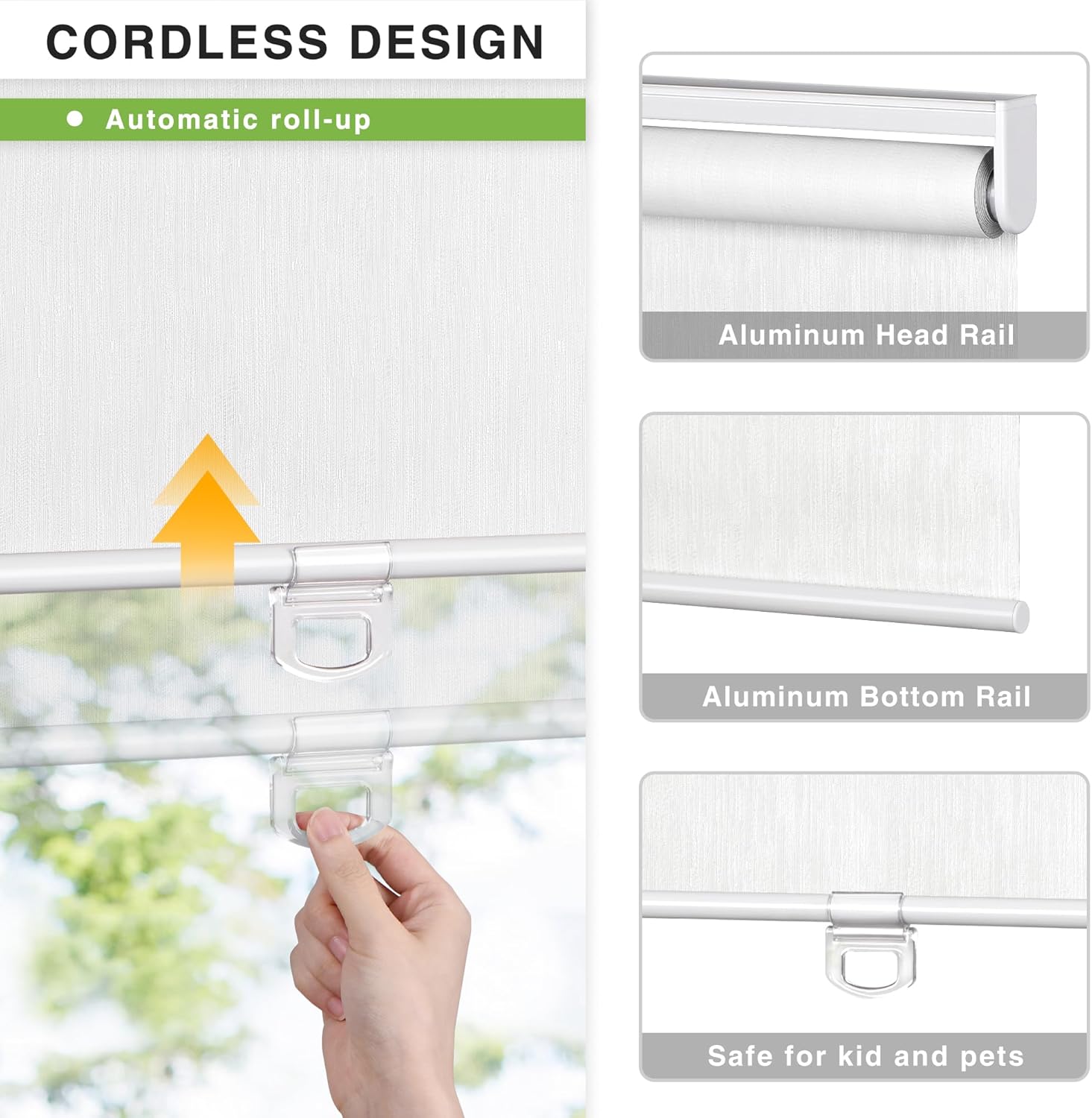 LazBlinds Persiana enrollable sin cordón, persianas opacas para ventanas, aislamiento térmico, protección UV, tela impermeable con jacquard a rayas,