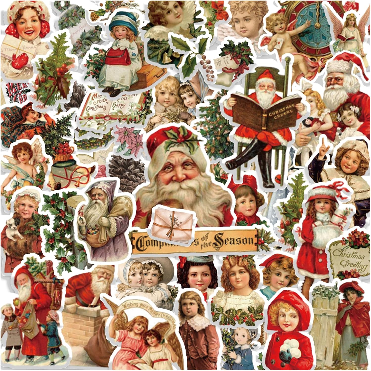 100 calcomanías navideñas que no se repiten, retro, Papá Noel, decoración de Navidad, calcomanías impermeables para álbumes de recortes, tarjetas,