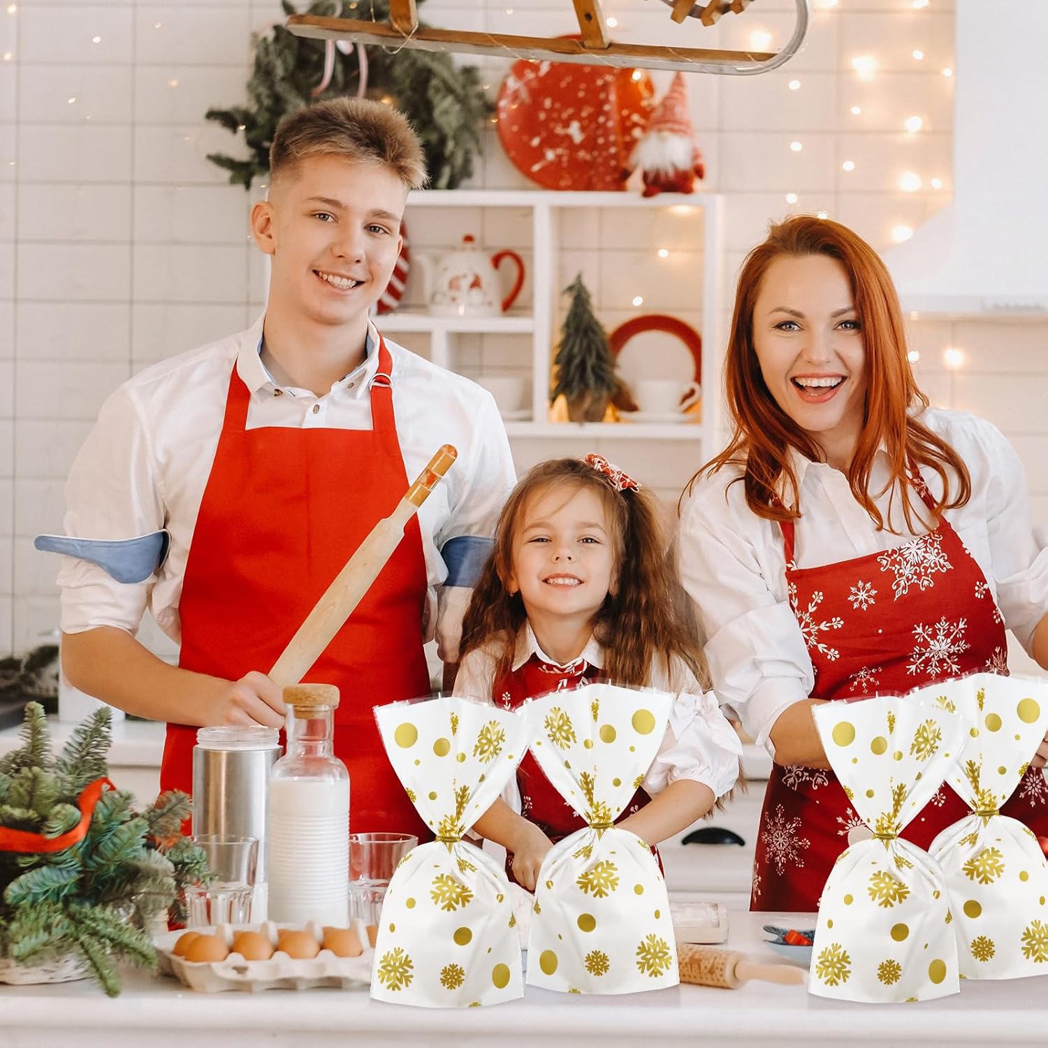 utus – 100 bolsas de regalo de Navidad con copos de nieve, Papá Noel, bolsas de plástico planas de celofán para panadería, palomitas de maíz,