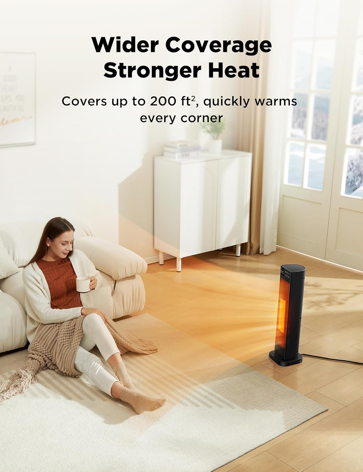 PELONIS Calentador de espacio interior de torre de cerámica oscilante para el hogar con oscilación, termostato programable y modo ECO, temporizador