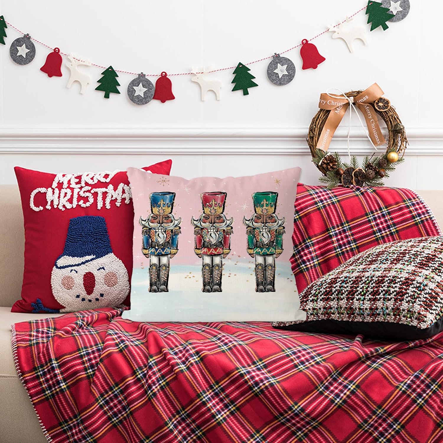 GAGEC Fundas de almohada de Navidad de 18 x 18 pulgadas, cascanueces rosa, vintage, Navidad, invierno, decoración del hogar, sala de estar, casa,