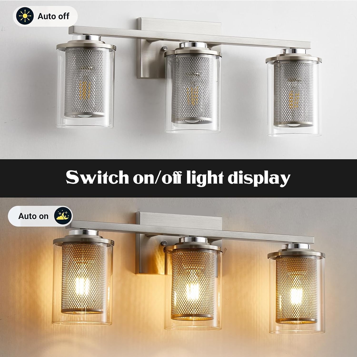Szleomay Luces de tocador de 3 luces, lámparas de baño de níquel cepillado con pantalla de vidrio transparente y malla de metal, luces de baño