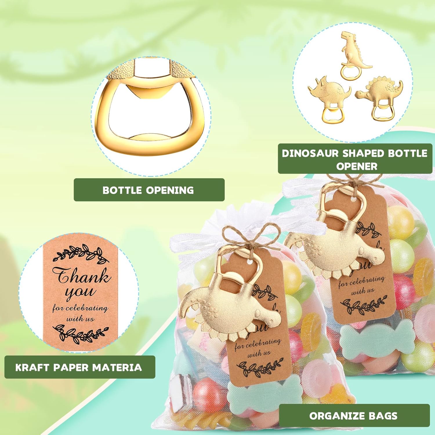 54 piezas de abrebotellas de dinosaurio, regalos de devolución de baby shower para invitados, abridor de botellas y recuerdos con bolsas de organza,