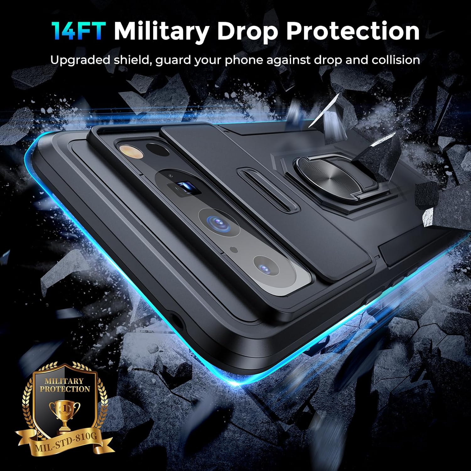 Simtect Funda para Google Pixel 8 Pro con cubierta de cámara, protección militar contra caídas de 14 pies soporte de anillo de rotación de 360 Funda