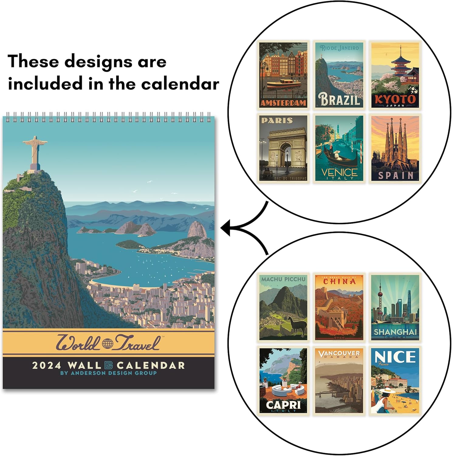 Americanflat Calendario 2024  Diseño de destinos de viaje mundial  Calendario de pared grande con formato mensual  Calendario mensual colgante  10 x