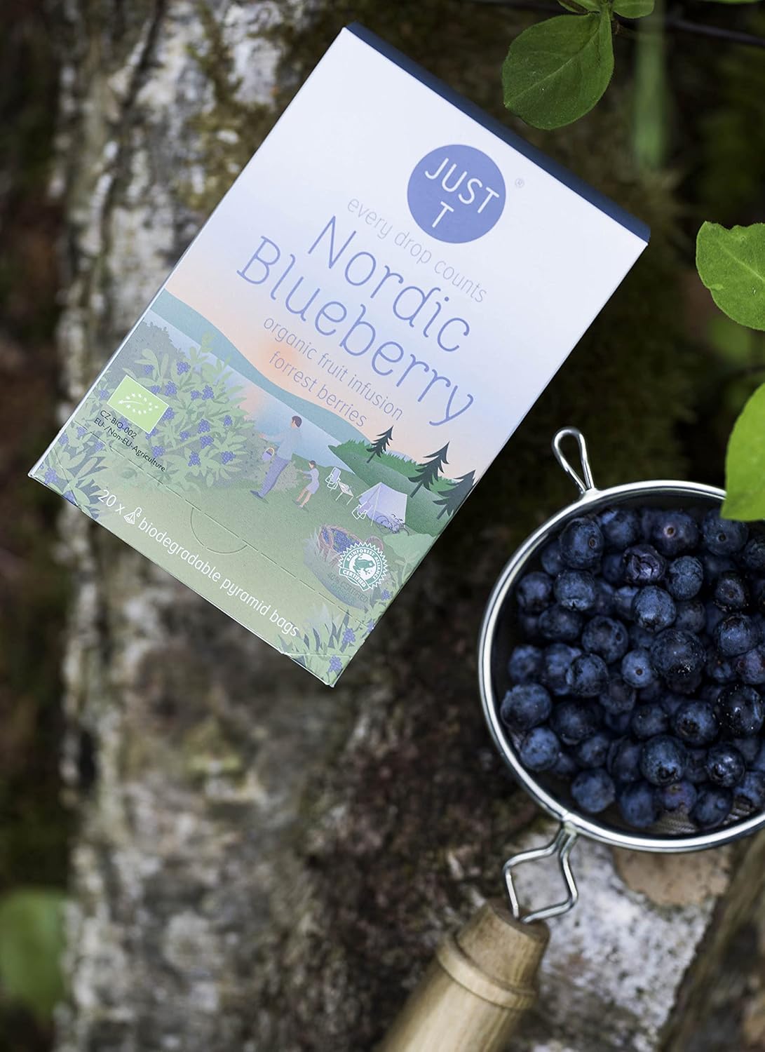JUST T Nordic Blueberry Premium – Bolsa de té piramidal (20 piezas)  Té de frutas orgánico  Infundido con bayas del bosque  Bolsas de té orgánico