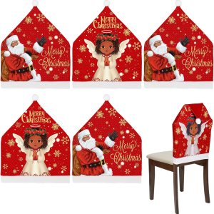 6 fundas para sillas de Navidad, decoración de Papá Noel, sombrero rojo, negro, Papá Noel, estilo ángel africano, funda para silla, cubierta 6 fundas para sillas de Navidad, decoración de Papá Noel, sombrero rojo, negro, Papá Noel, estilo ángel africano, funda para silla, cubierta