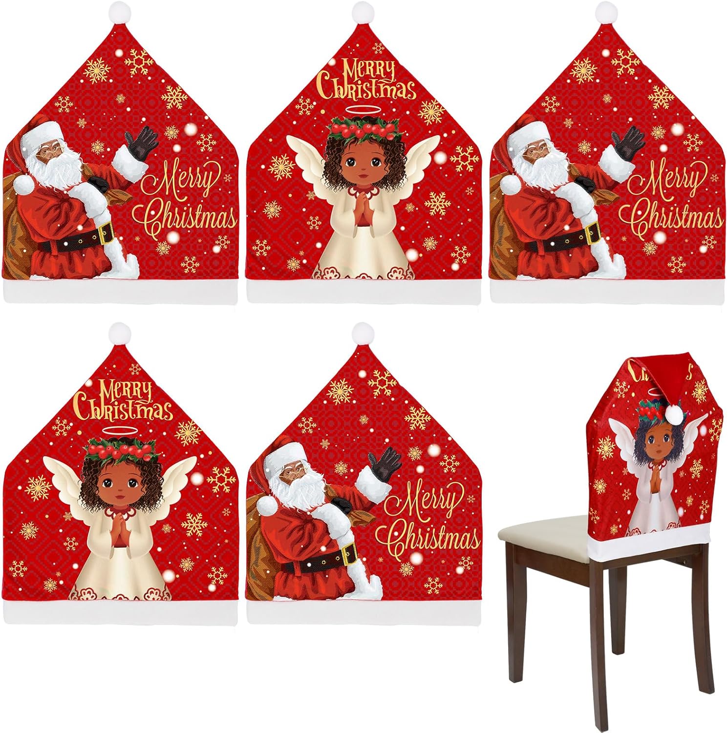 6 fundas para sillas de Navidad, decoración de Papá Noel, sombrero rojo, negro, Papá Noel, estilo ángel africano, funda para silla, cubierta