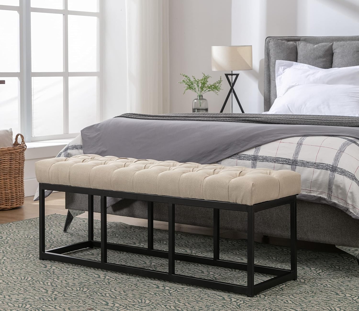 Banco largo tapizado con patas de metal, banco de extremo de cama para dormitorio, banco de entrada.
