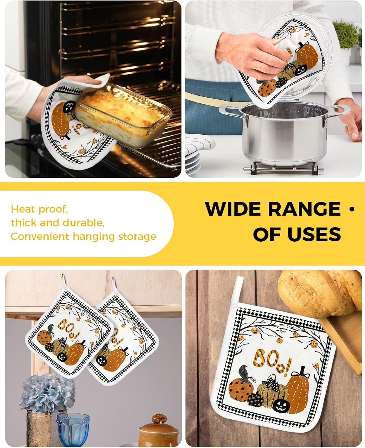 3 Packs Halloween Pumpkins Pot Holders Sets for Kitchen,Oven Pan Plate Bowl Pads Heat Proof Mat with Hanging Loop,Thick Terry Cloth Potholders for