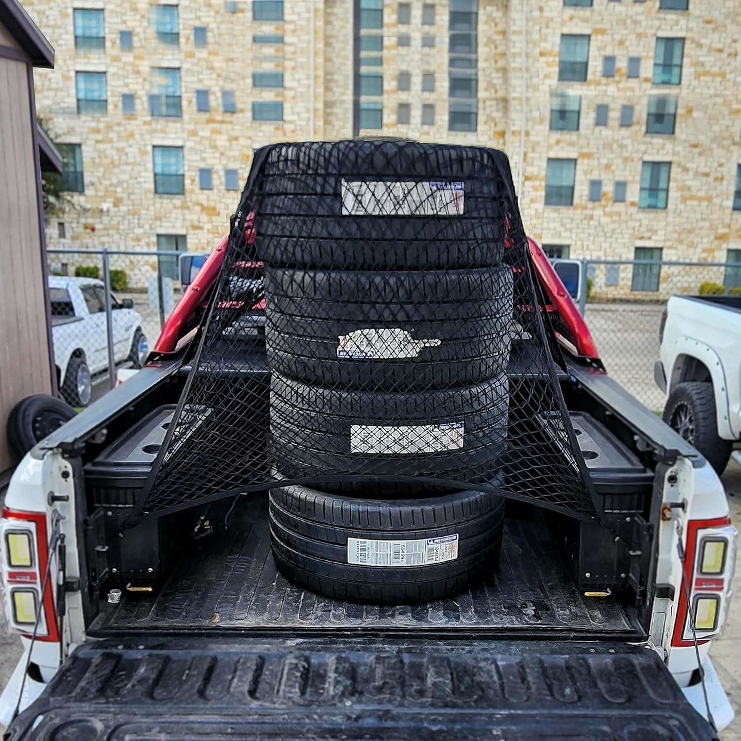 MICTUNING Red de carga para caja de camión, red de carga altamente elástica de 4 x 4 pies, organizador de malla elástica de hasta 7 x 7 pies para