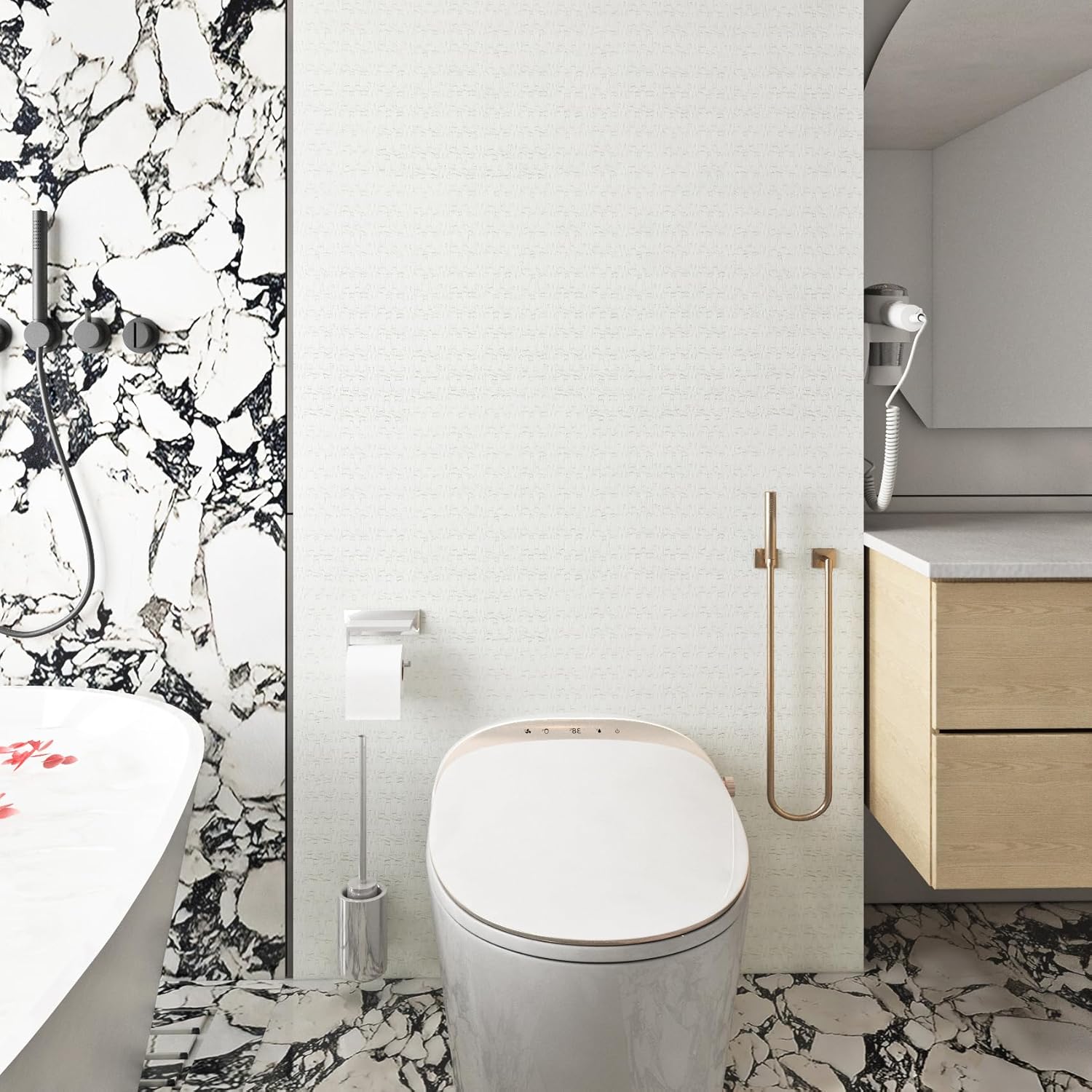 Livelynine Papel tapiz tejido con textura blanca para pegar y pelar, para baño, dormitorio, vinilo prepegado en relieve, papel tapiz autoadhesivo
