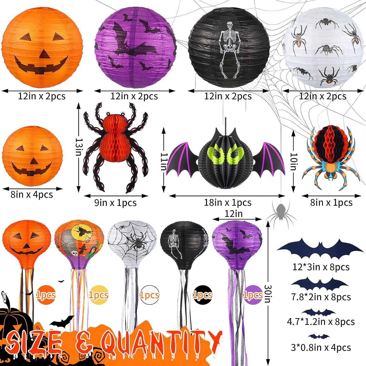 48 linternas de papel de decoración de Halloween, faroles de papel de esqueleto de calabaza, calcomanías de pared de murciélago 3D, arañas para