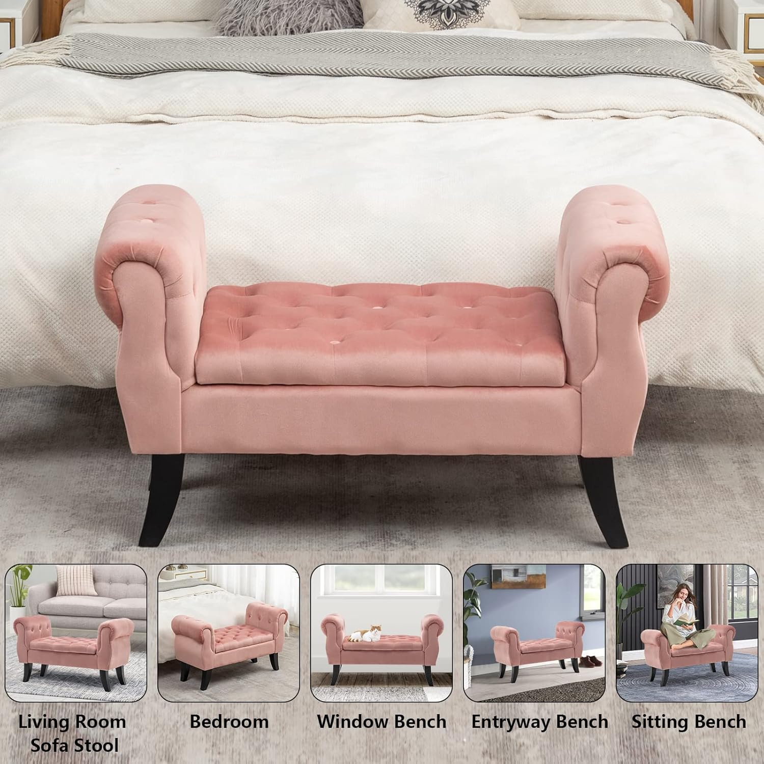 Setawix Banco de cama con brazos enrollados con almacenamiento acolchado de terciopelo para dormitorio, banco otomano para dormitorio, banco de