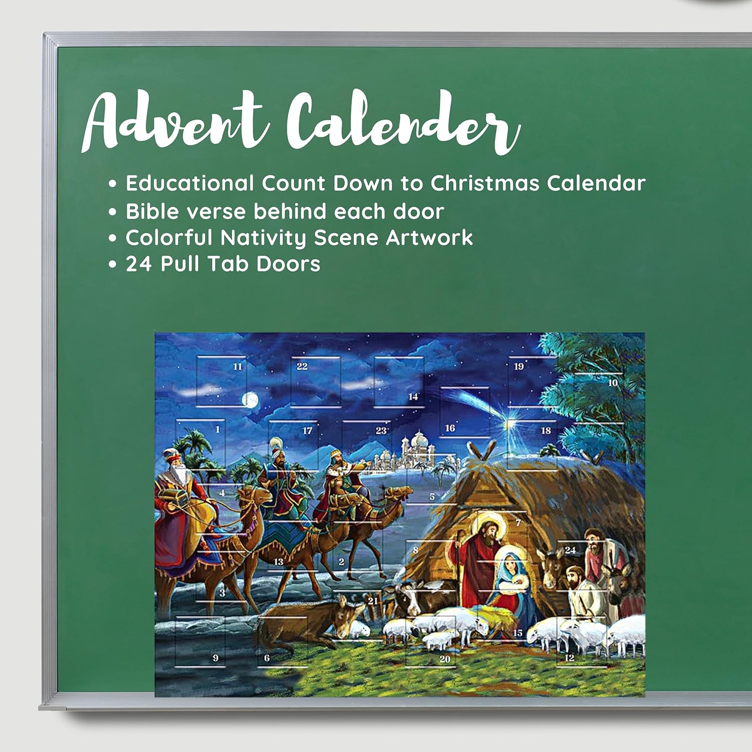 Calendario religioso de Adviento de cuenta regresiva para Navidad 2023, escena tradicional de pesebre a todo color, 24 pestañas de puerta, divertida