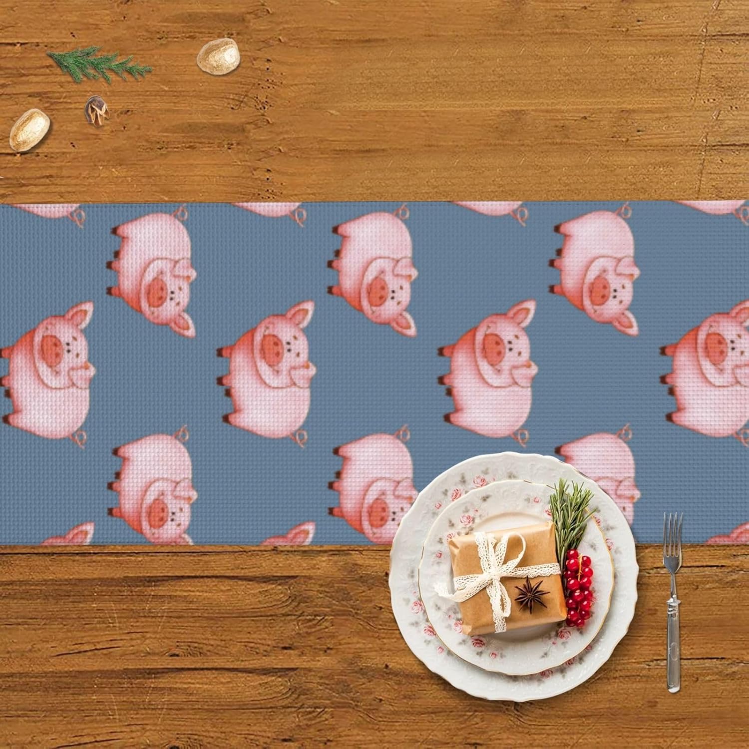 Camino de mesa de Navidad con cerdo de acuarela, decoración de mesa de comedor, decoración de Navidad, decoración de interiores del hogar, caminos