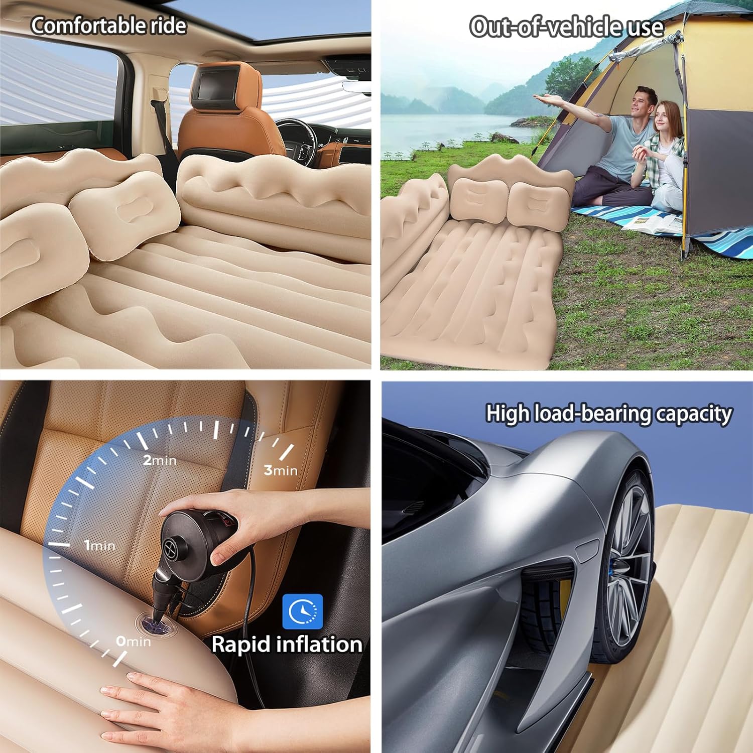Colchón de aire para SUV, cojín de cama de campamento, almohada inflable en forma de corona, cama de aire gruesa para auto con bomba de aire,