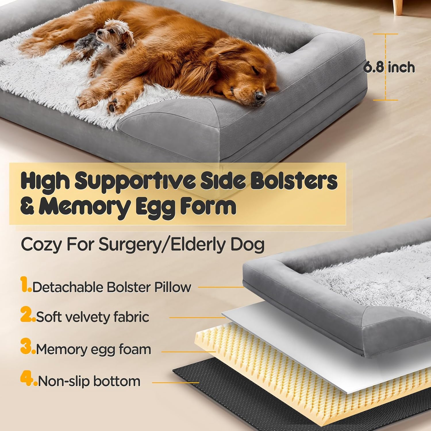 Gimars Cama ortopédica gruesa de espuma de huevo ultra suave para perros grandes, impermeables, de alto apoyo, con fácil limpieza, extraíble,