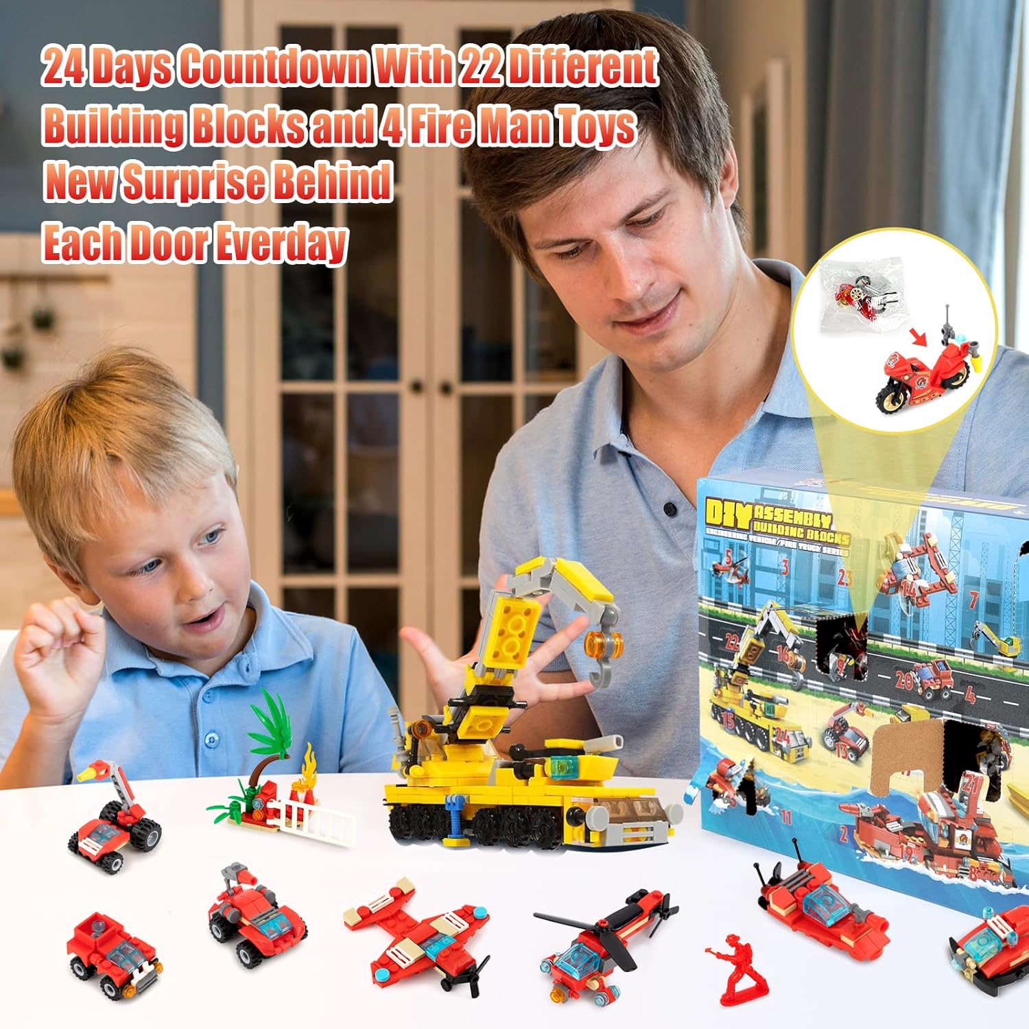Calendario de Adviento de Navidad 2023, cuenta regresiva de 24 días para niños, diferentes vehículos de construcción, camiones de bomberos, bloques