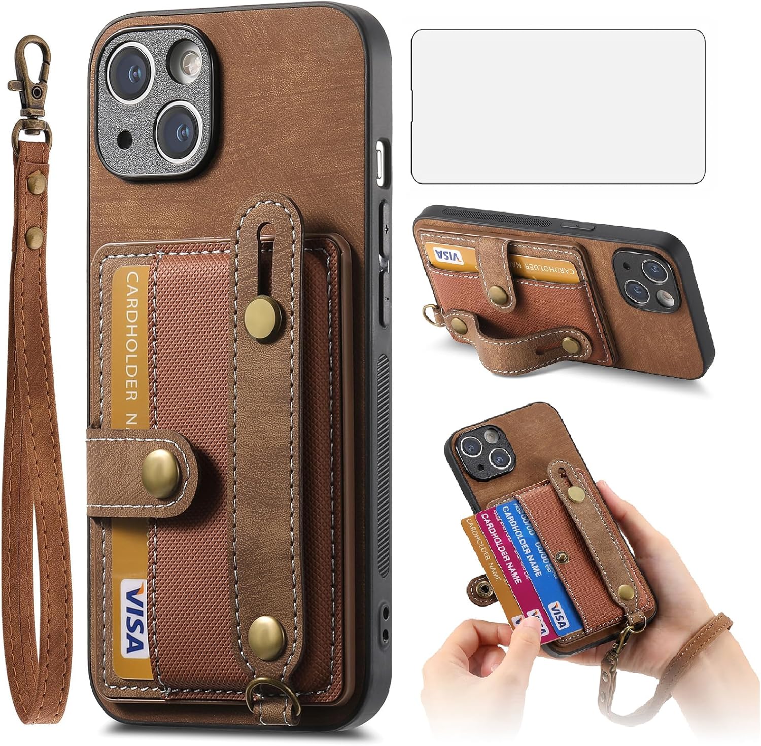 Asuwish Funda de teléfono para iPhone 15 de 6.1 pulgadas con protector de pantalla de vidrio templado y correa de muñeca, soporte delgado para