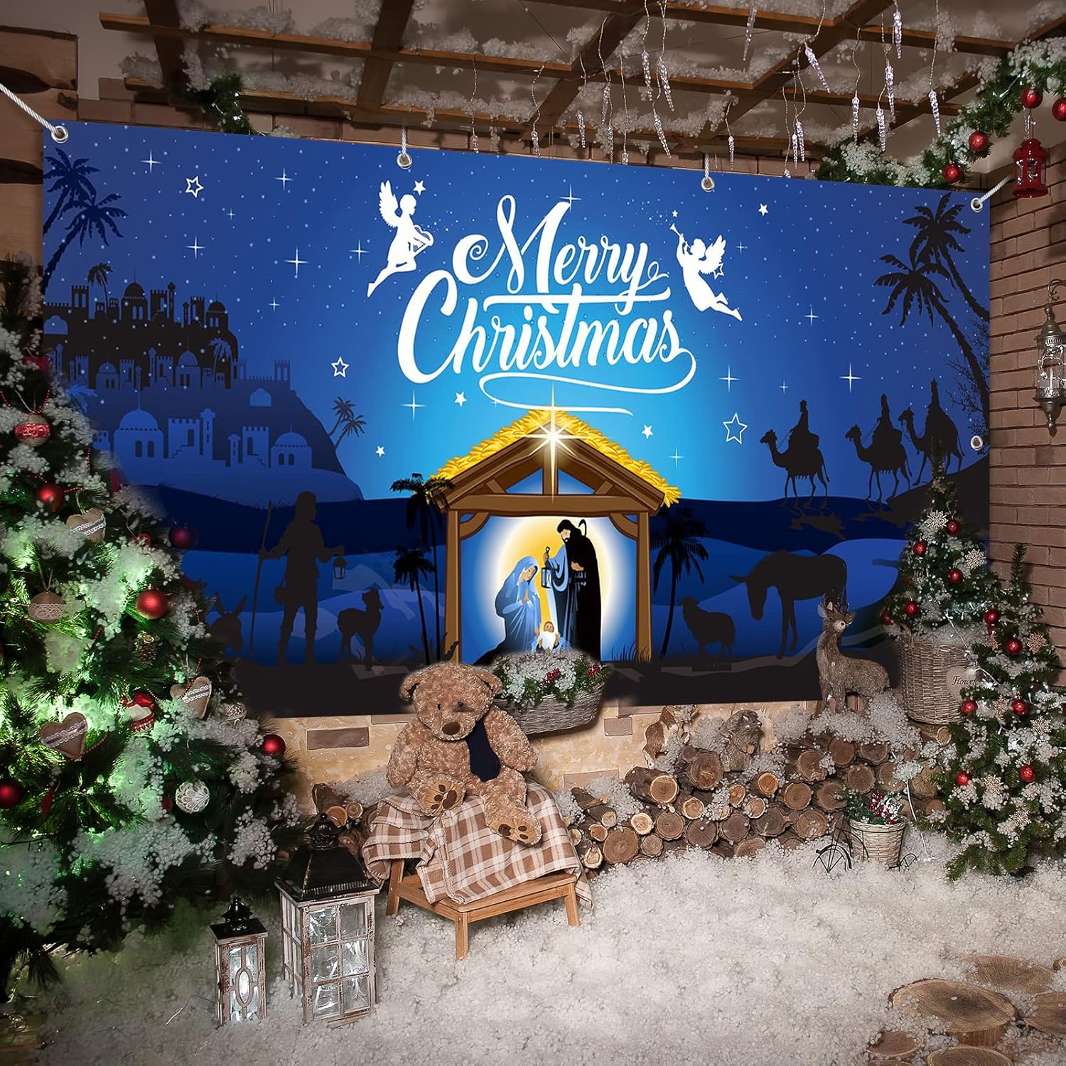 Decoración para puerta de garaje de Navidad de 6 x 13 pies, telón de fondo de tela extra grande, telón de fondo de cabina de fotos, letrero de patio